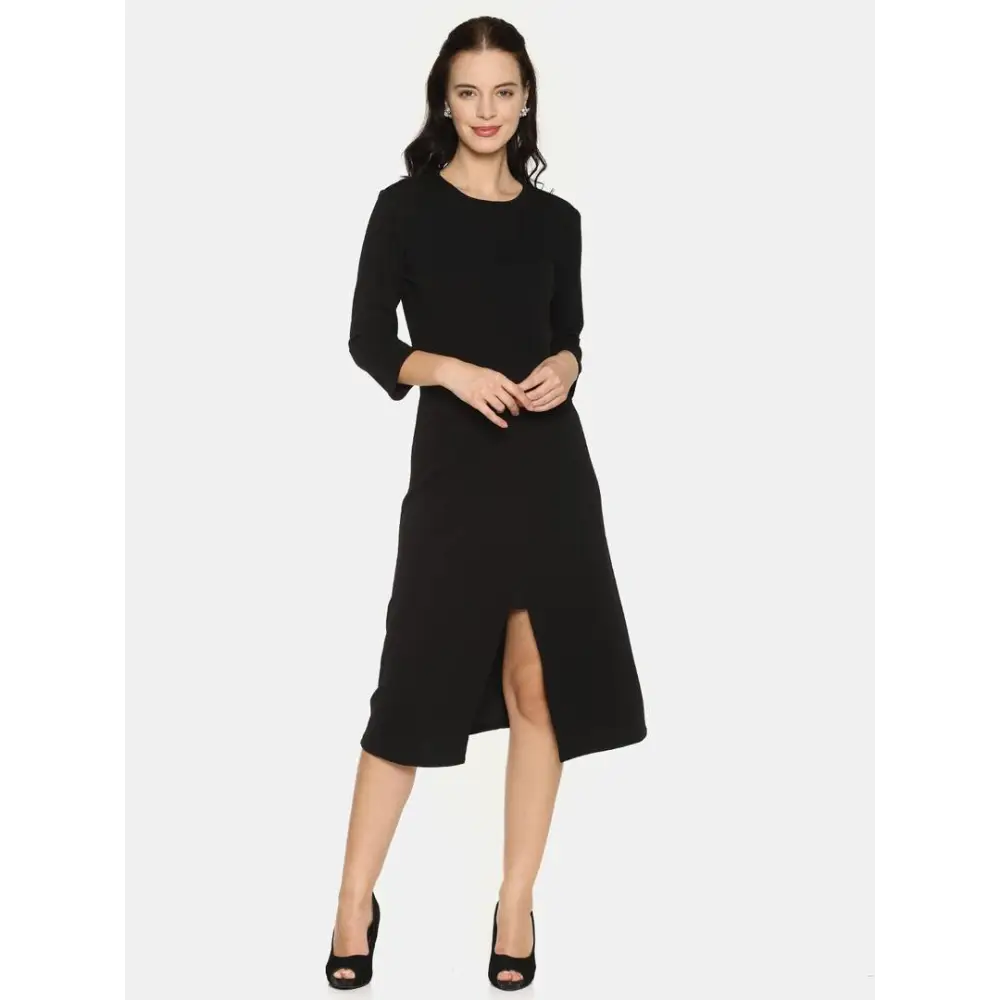 Stylish Polyester Black Solid 3/4 Sleeve Front Slit Simple Flare Dress Tunics Long Elegant