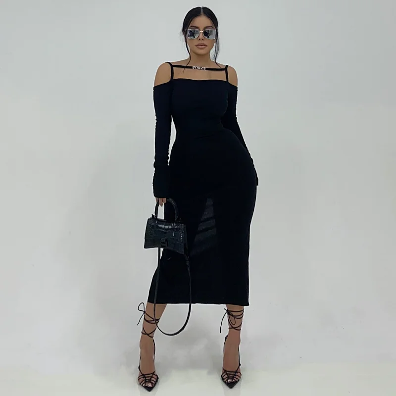 SYNEZ Long Sleeve Long Slit Black Dress Tunics Designer luxury