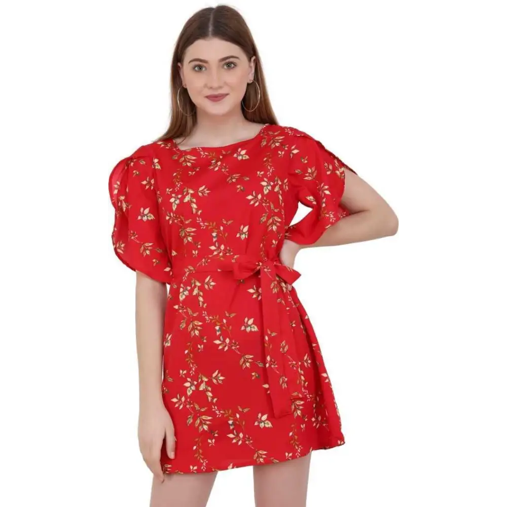 Women's Crepe Floral Drop Waist Dress Tunic Top Casual