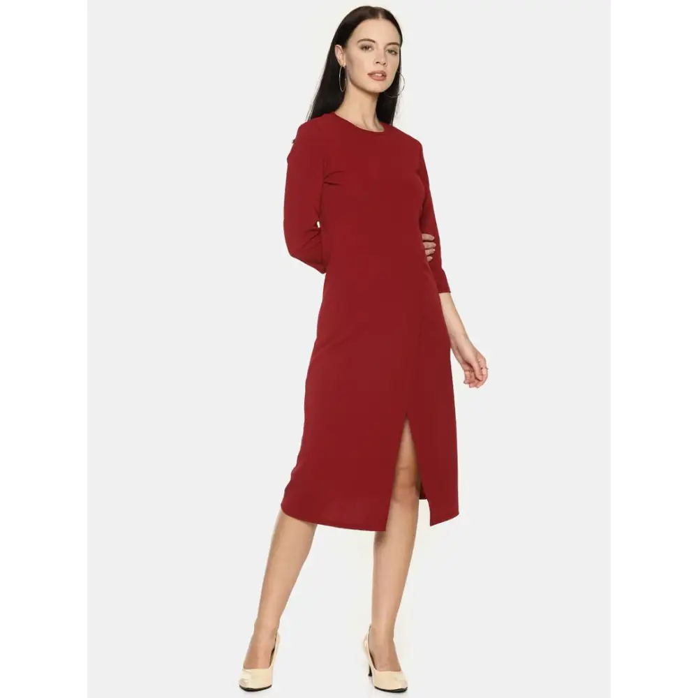 Stylish Polyester Maroon Solid Front Slit Simple Flare Dress Tunics Plaid country