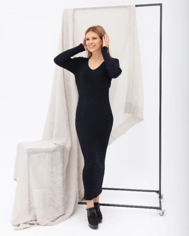 Black Long Dress Sleeve V Neck Knit Tunics Versatile stylish