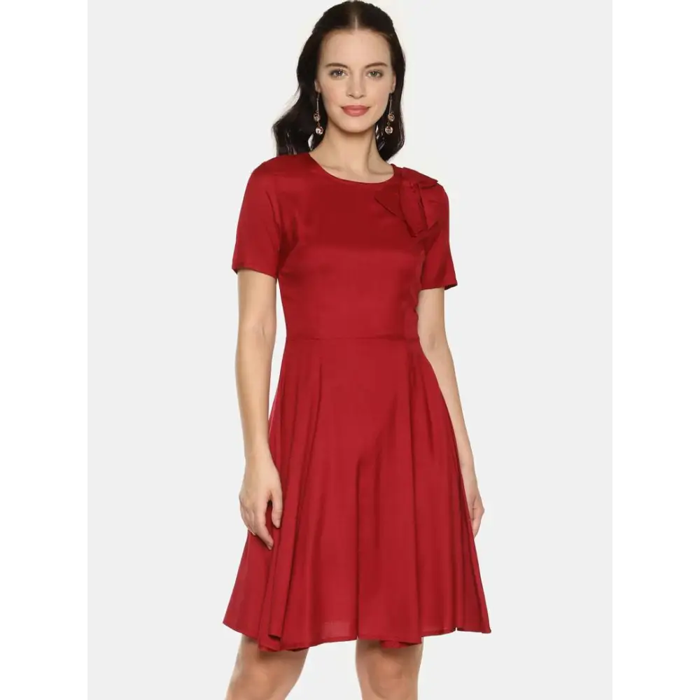 Stylish Rayon Maroon Solid Short Sleeves Bowknot Neck Dress For Women Tunics Luxurious high-end