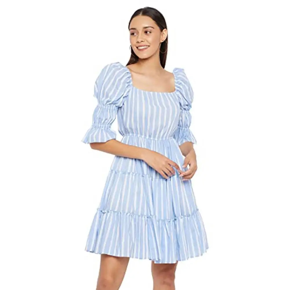 PANIT Women Blue White Stripe Fit and Flare Cotton Dress Tunics Versatile functional