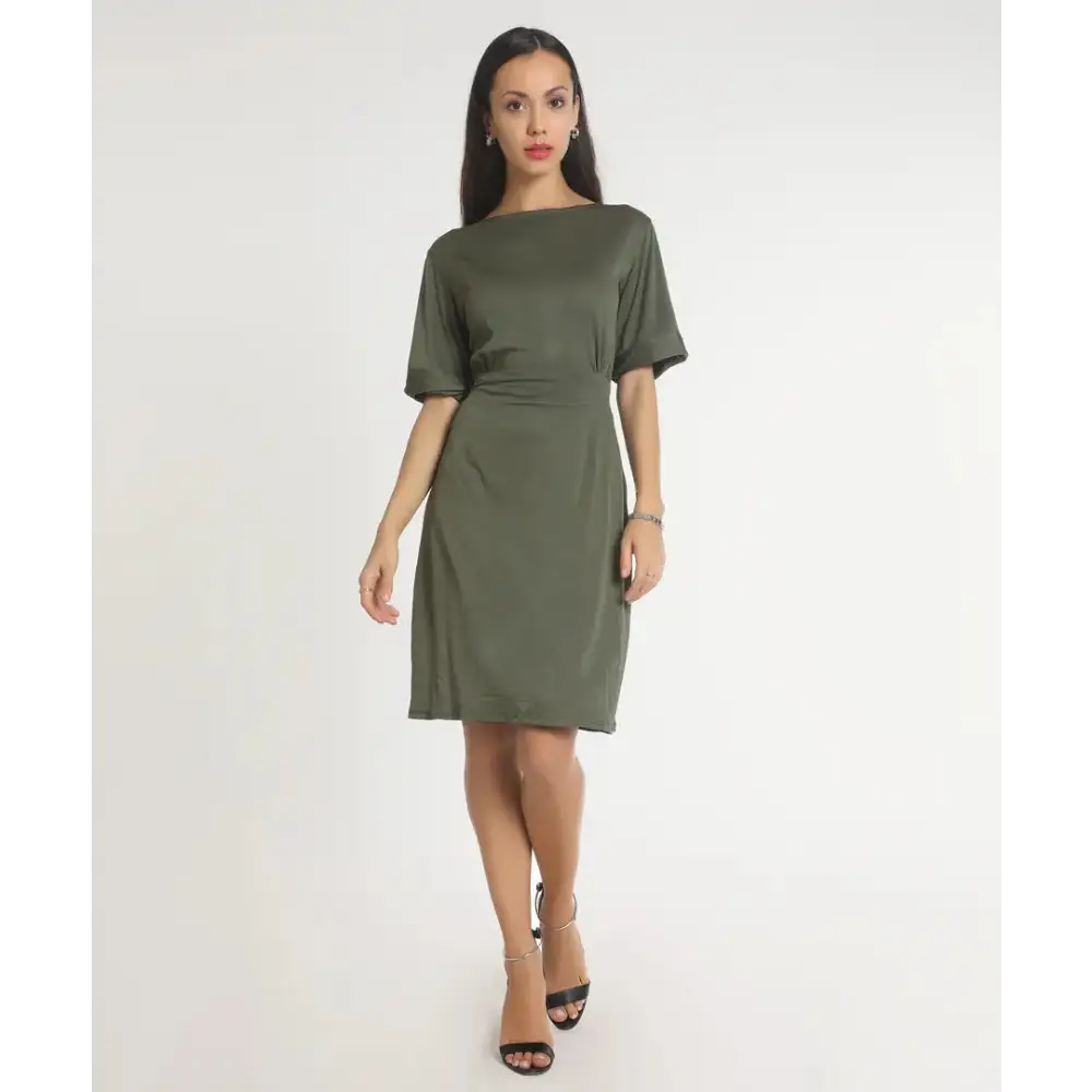 Stylish Polyester Olive Solid Dress For Women Elegant Long Evening