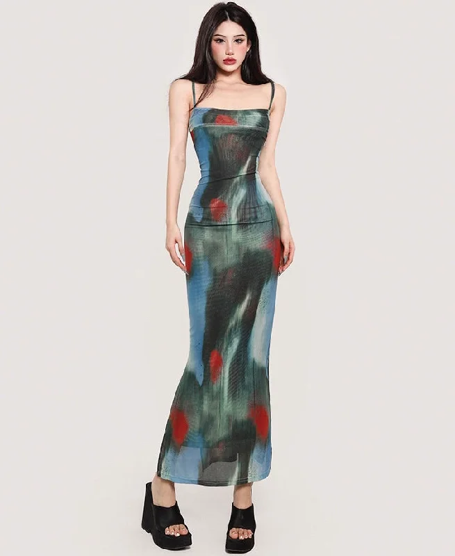 Elice Tie Dye Print Spaghetti Strap Slip Long Dress Tunics New arrival