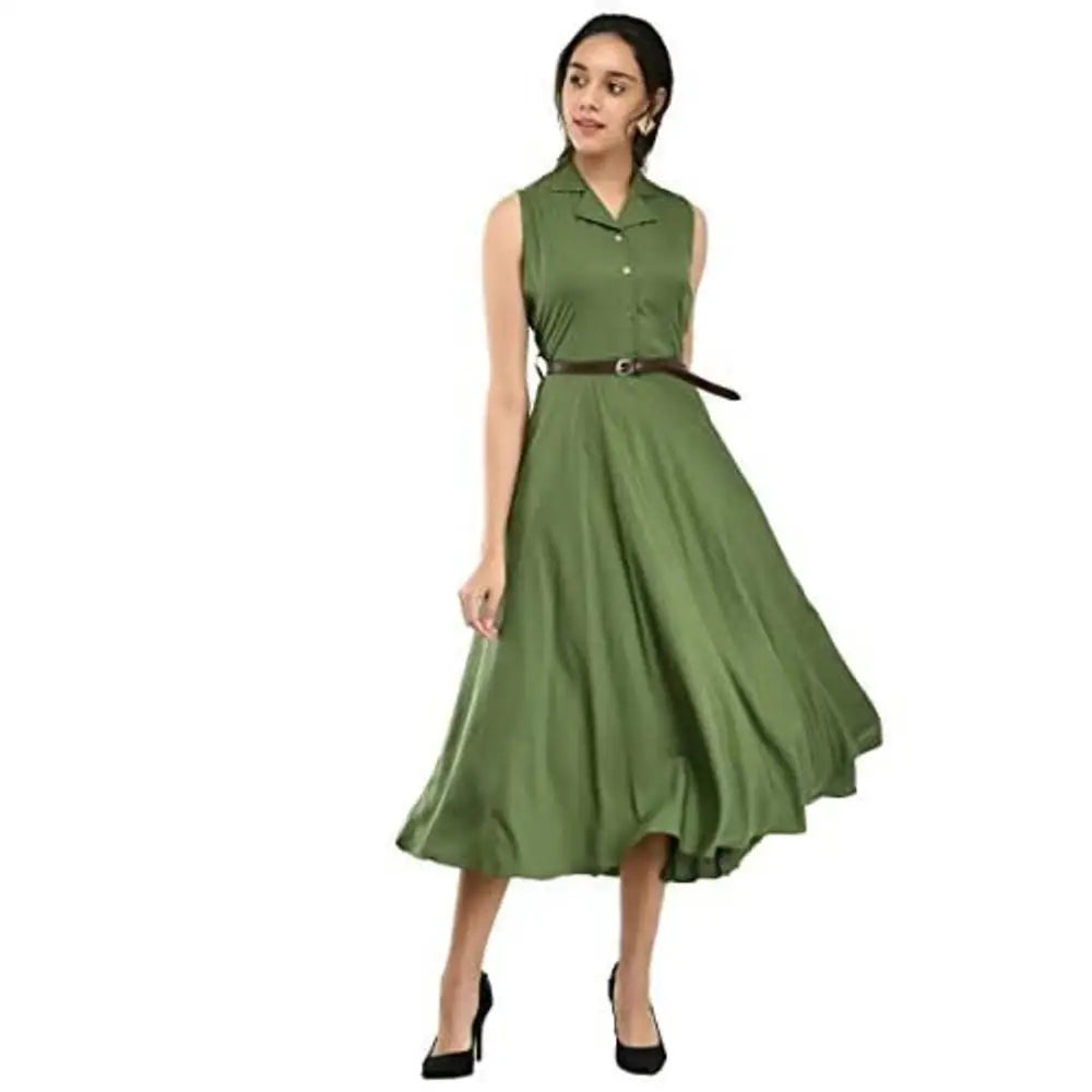 RUDRAKRITI Women's Green Crepe Solid Stylish with Belt Dress Tunics Occasion special