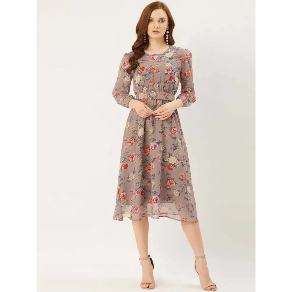 Stylish Georgette Khaki Floral Print 3/4 Sleeves Key Hole Neck Dress For Women Tunics Sophisticated sleek