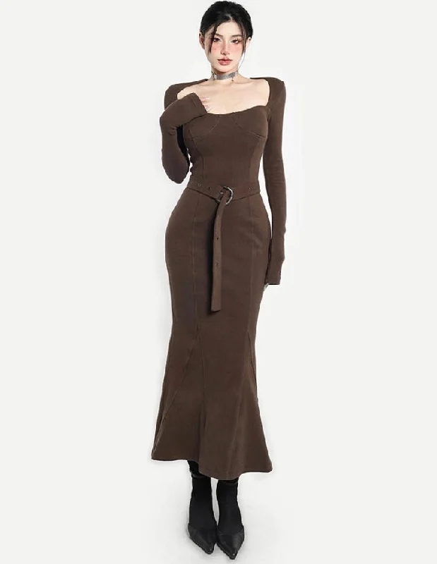 Paige Solid Color Brown Square Neck Long Sleeve Belt Long Slim Mermaid Dress Tunics Lace romantic