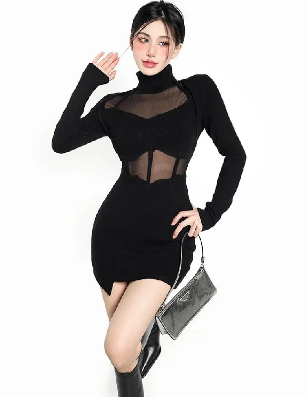 Giselle Solid Color Black Patchwork Mesh Ribbed Long Sleeve Turtleneck Slim Dress Tunics Satin smooth