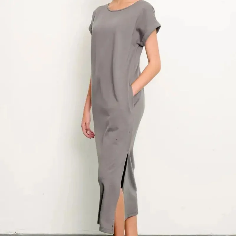 Brushed Organic Hemp Side Slit Dress - Dull Grey Halter Neckline Beach