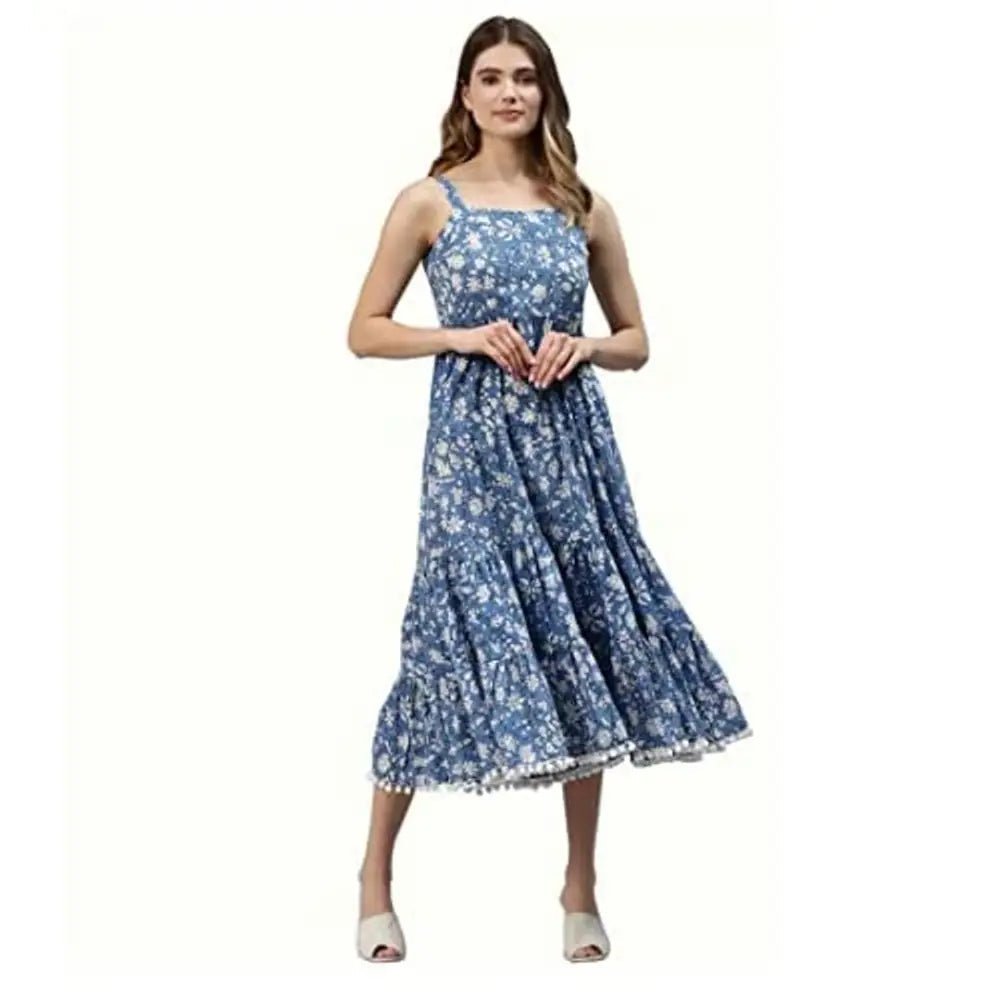 Divena Indigo Floral Printed Shoulder Strip Long Dress Tunics Stylish modern