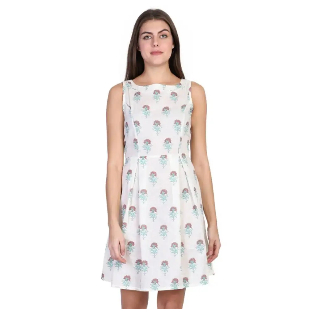 Elegant White Pure Cotton Floral Print Dress For Women A-Line Day Work