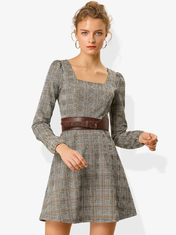 Fall Vintage Square Neck Long Sleeve Plaid Dress Tunics Spring floral