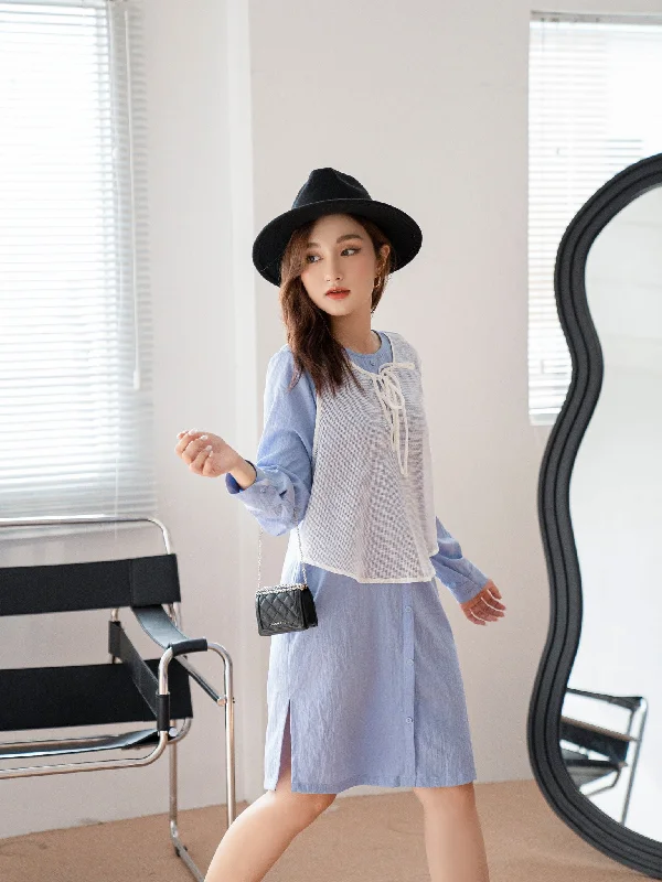 Maris Blue Net Cover Tunic Dress - Gu Fashion | Vietnam Fashion Store Boat Neckline Classic