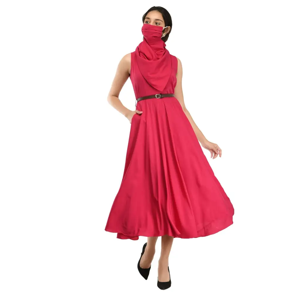 Women's Crepe Solid Mid-Length Dress with Free Mask Tunics Distressed trendy