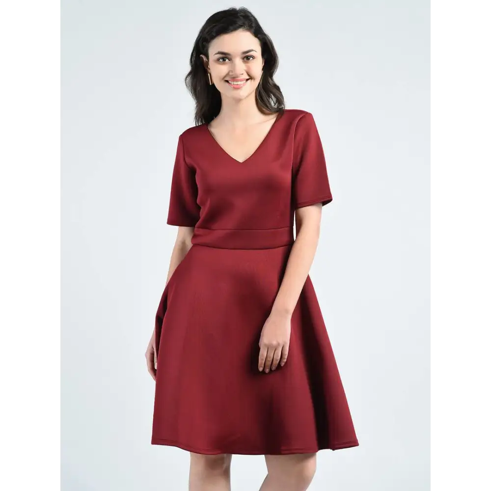 Stylish Polyester Maroon Solid V Neck Short Sleeve Knee Length Dress For Women Floral Print girly