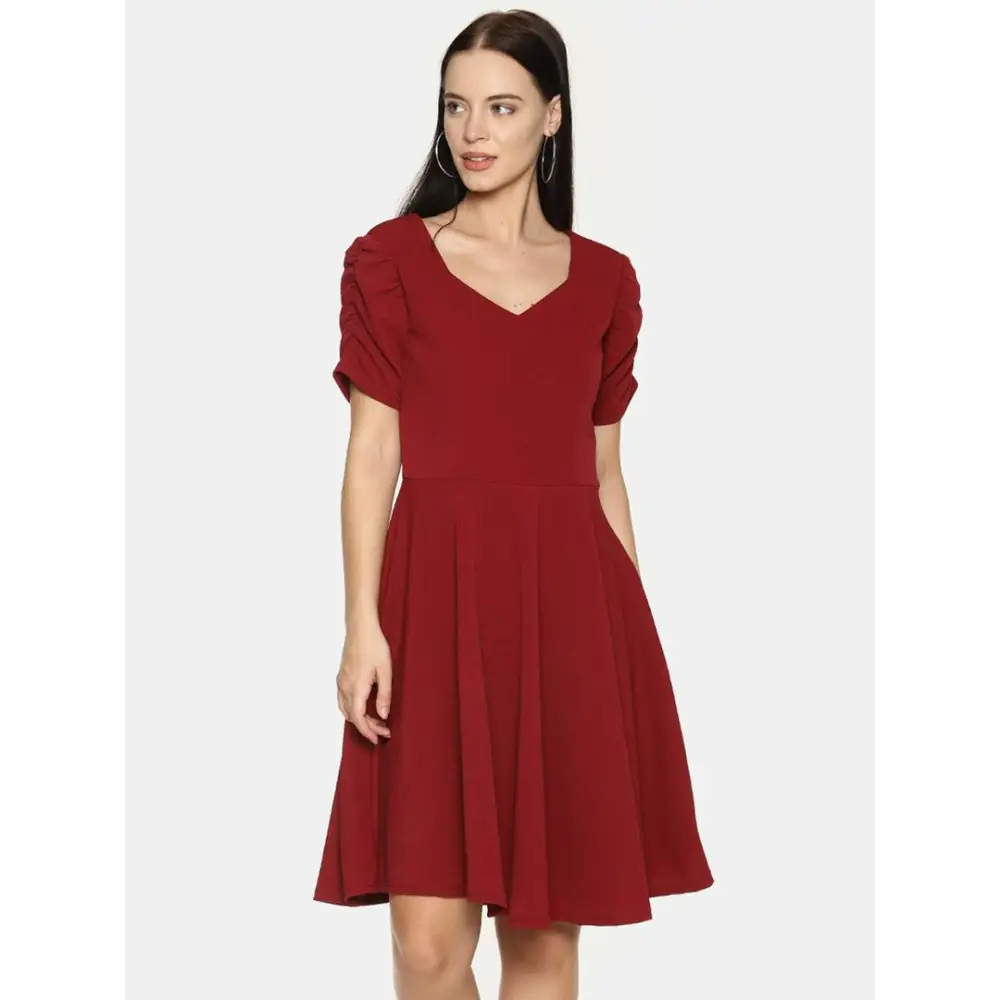 Stylish Polyester Maroon Solid Sweetheart Neckline Dress Tunics Short Trendy