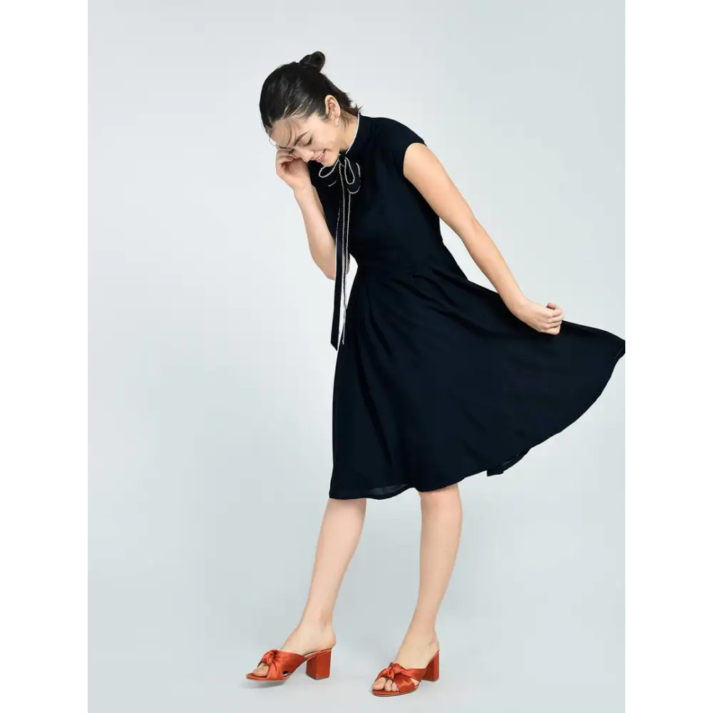 Stunning Navy Blue Polyester Self Design Tie Up Dress For Women Tunics Running lightweight