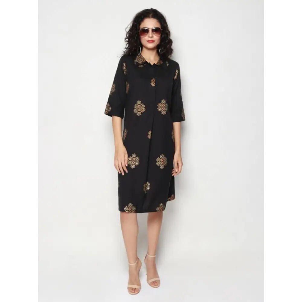 Elegant Black Cotton Linen Block Print Embroidered Dress For Women Tunics Velvet soft