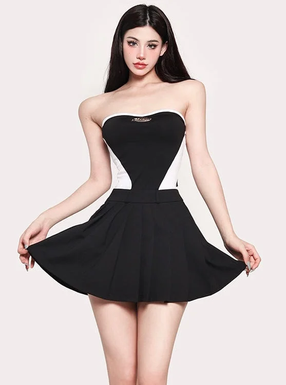 Luna Solid Contrast Color Black & White Sleeveless Bandeau Pleated Dress Tunics Recommended stylist