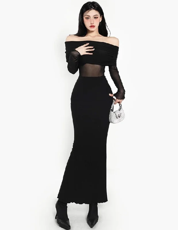 Presley Solid Color Black Patchwork Mesh Off the Shoulder Long Sleeve Slim Long Dress Tunics Mesh breathable