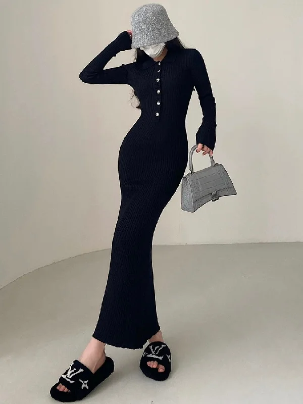 Saniya Ribbed Solid Color Slim Ribbed Long Dress Tunics Leisure comfortable