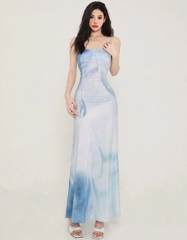 Marina Ocean Blue Tie-Dye Spaghetti Strap Backless Lace-Up Long Flowing Dress Tunics Lace romantic