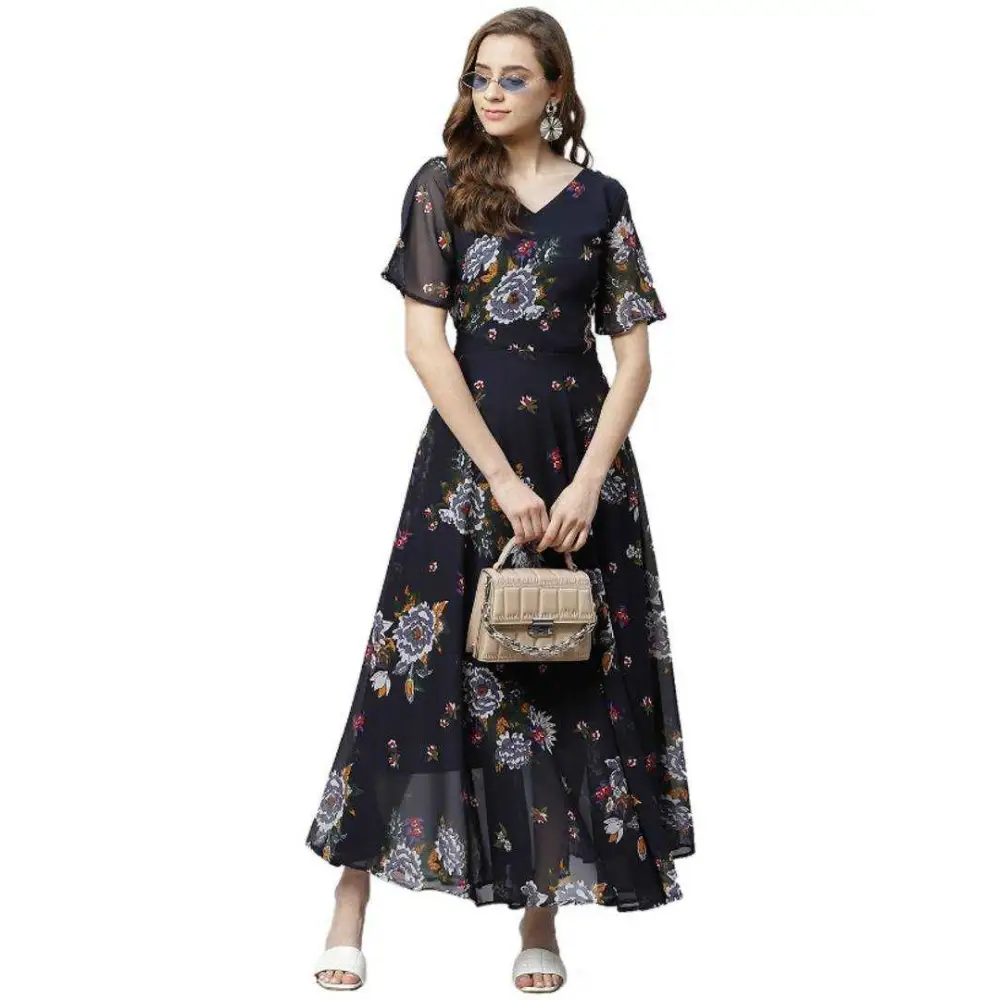 Women Fit and Flare Floral Printed Georgette Dress Tunics Business professional