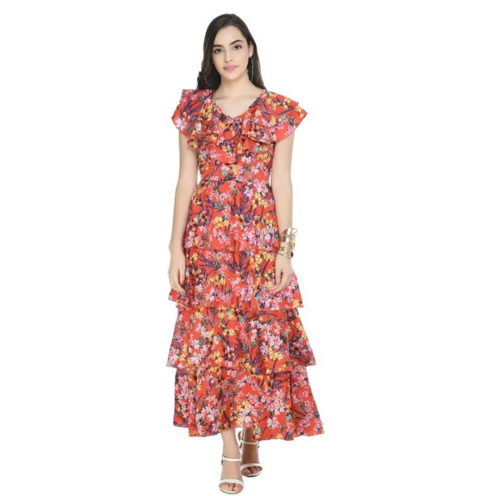 A N Women's Crepe Orange Printed A-Line Gown Dress Tunics Evening elegant