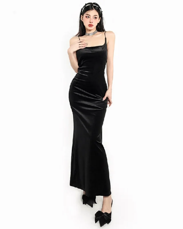 Angeline Solid Color Velour Spaghetti Strap Sleeveless Long Dress Tunics Trousers formal