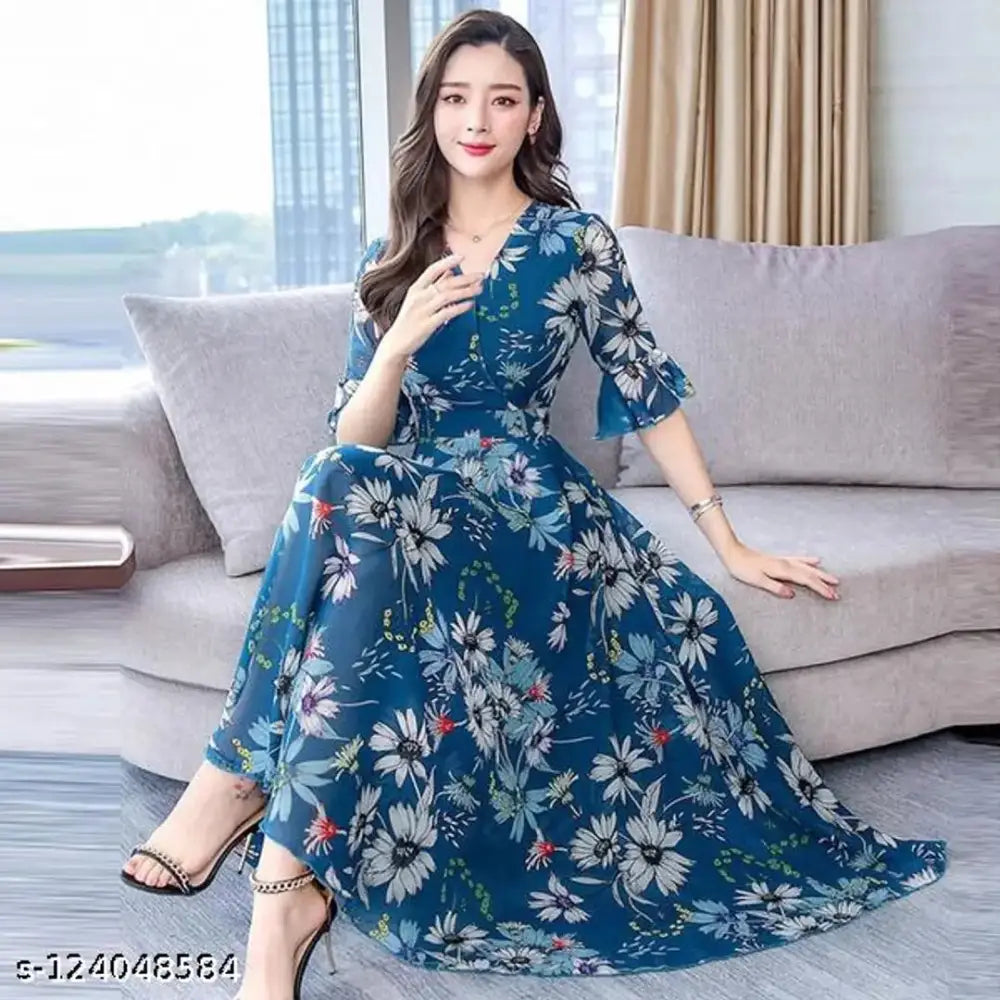 NEOEN BLUE WITH WHITE LILY PRINT LONG DRESS Tunics Trendy modern