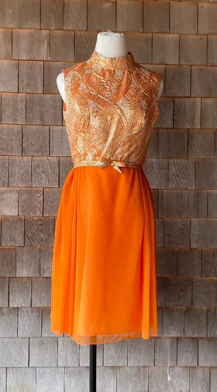 Vintage Late 1960s Gold Lame & Orange Cocktail Dress Tunics Solid Classic