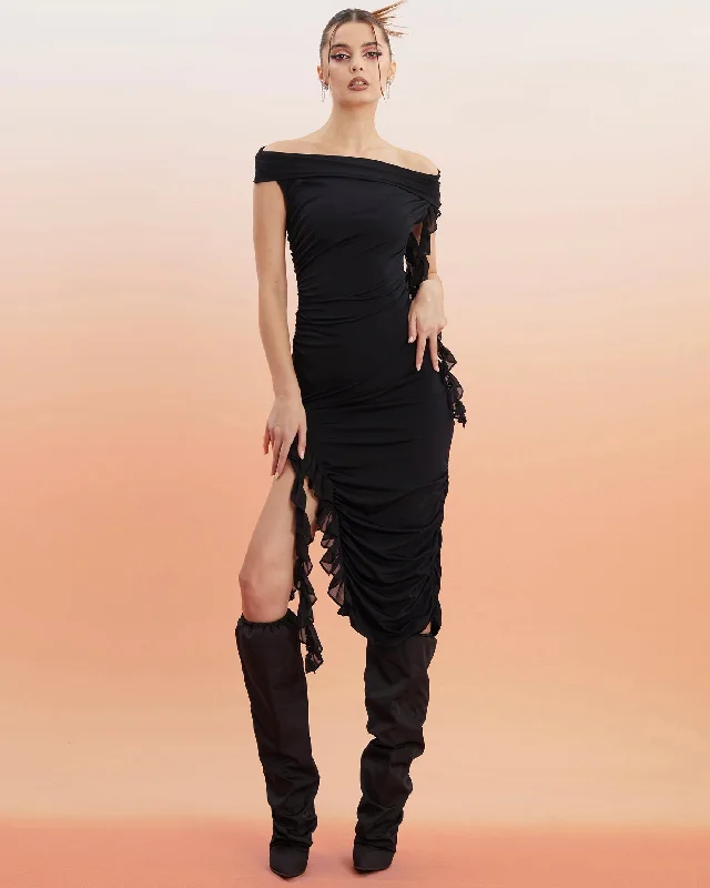 Shayla Unicorn Blood Solid Color Black Off The Shoulder Ruched Tassel Leg Slit Dress Tunics Yoga stretchy