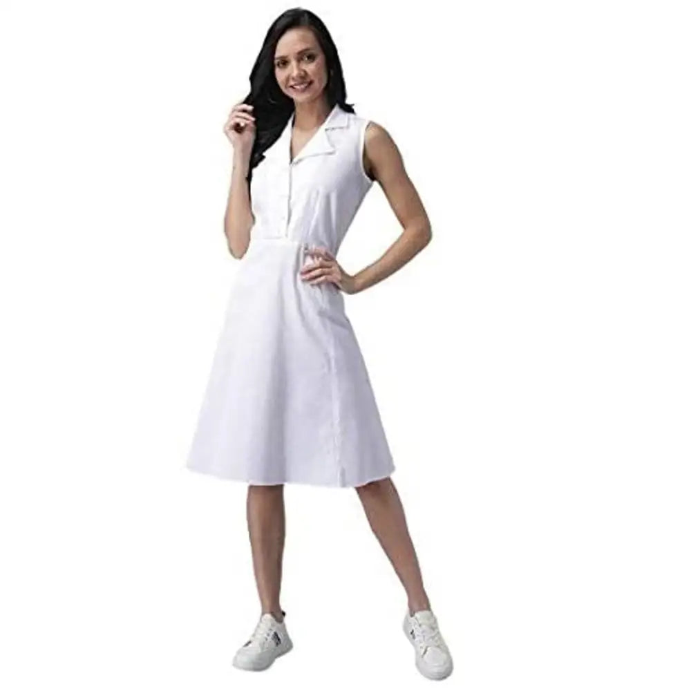 RUDRAKRITI Women Cotton White Solid Dress Tunics Brand named