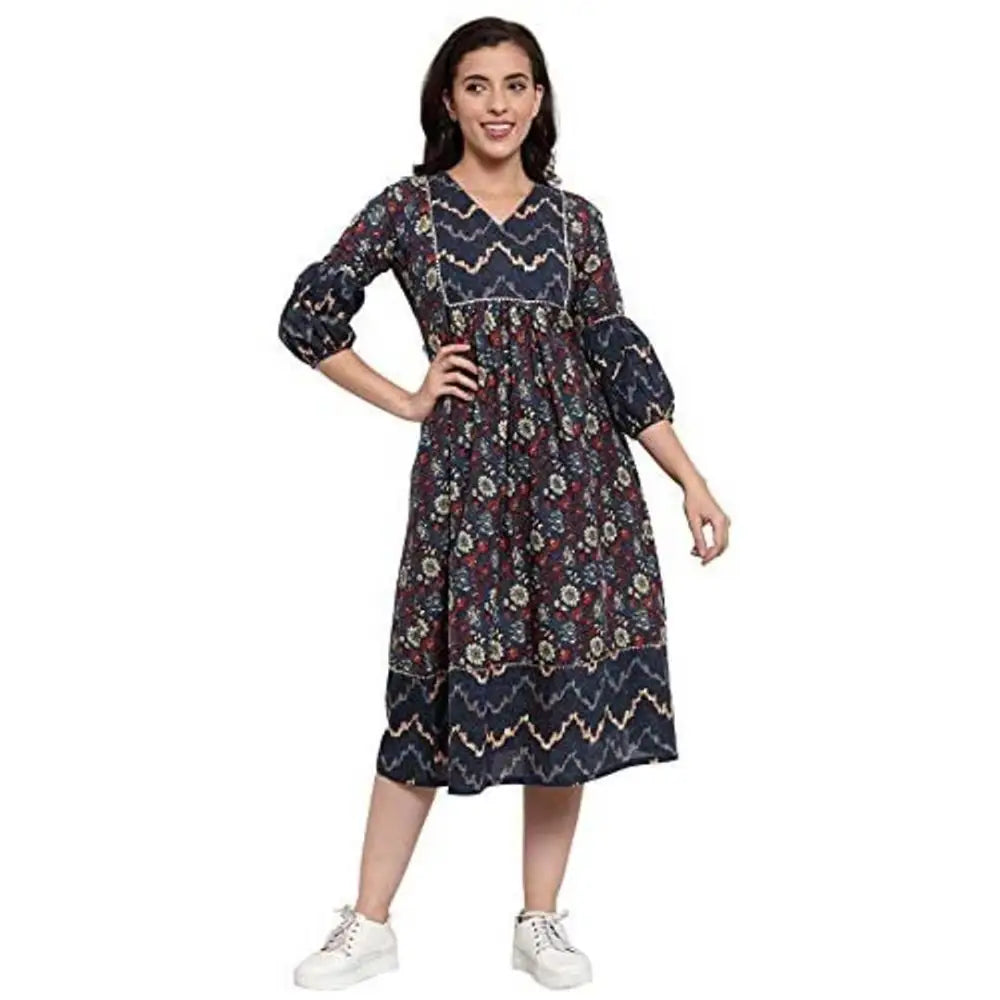 INDIBELLE Cotton Purssine Geomatric Print A-Line Dress Tunics Solid Classic