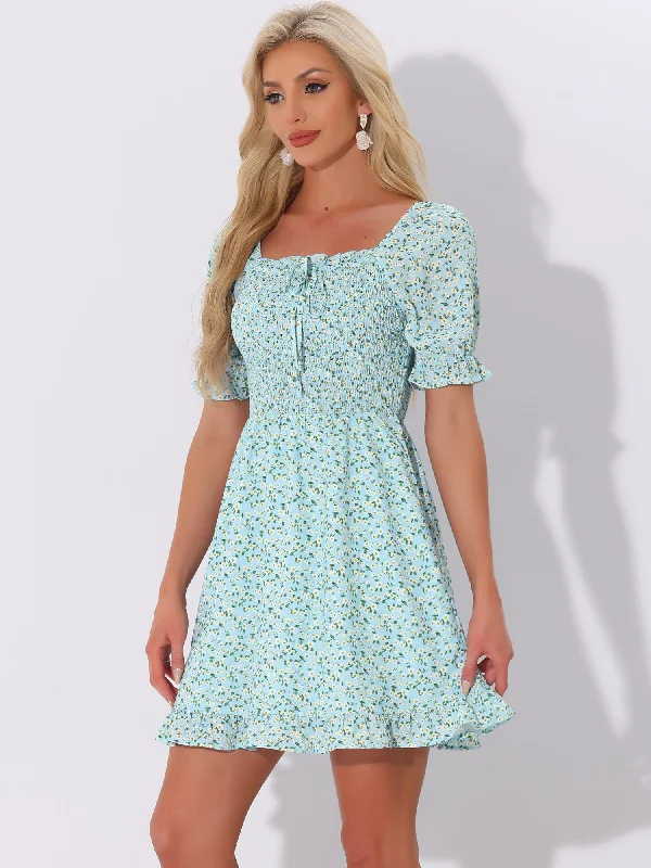 Puff Sleeve Square Neck Ruffled Hem Floral Smocked Dress Tunics Top rated