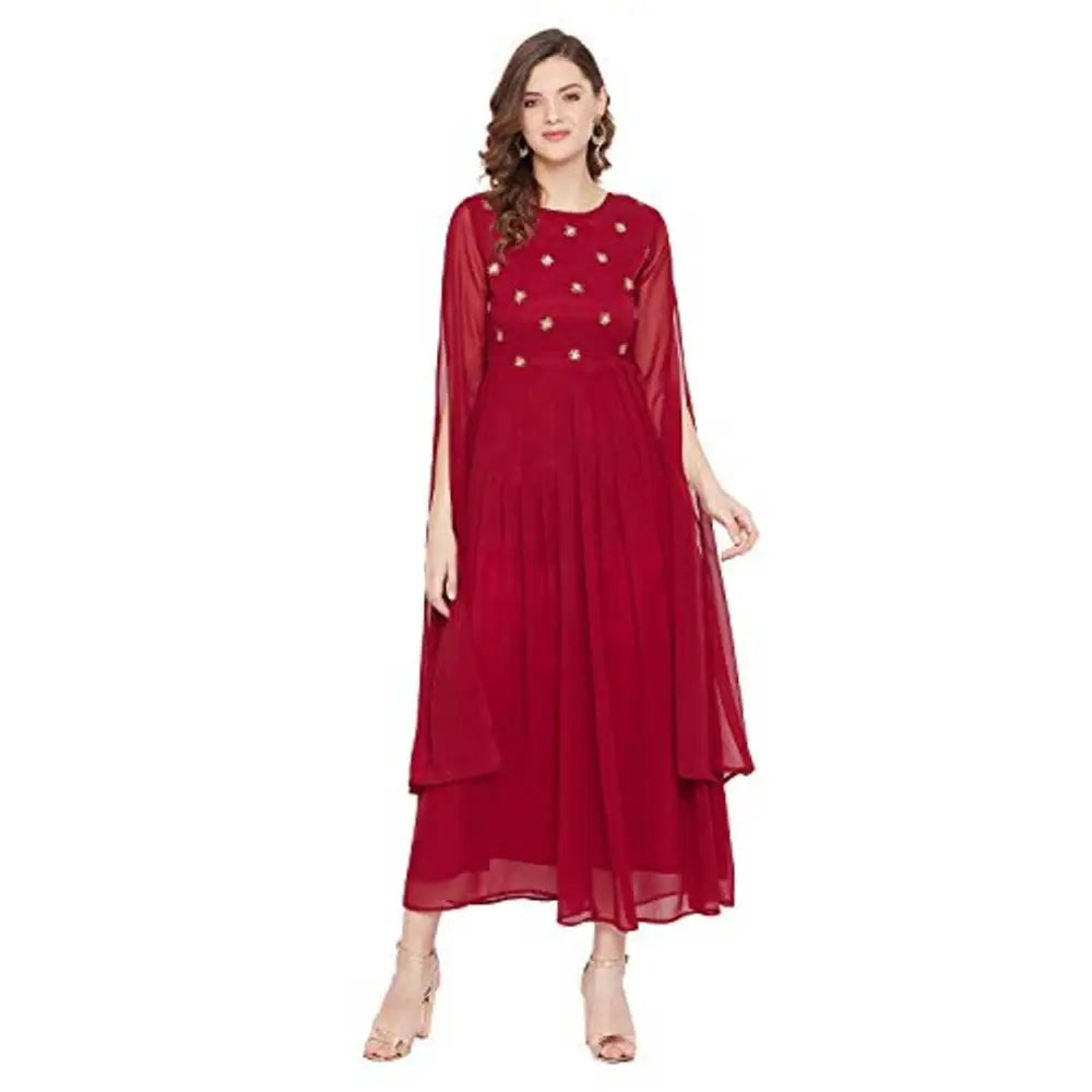 PANIT Women Maroon Yoke Embroidered Dress with Long Sleeve Tunics Fashionable trendy