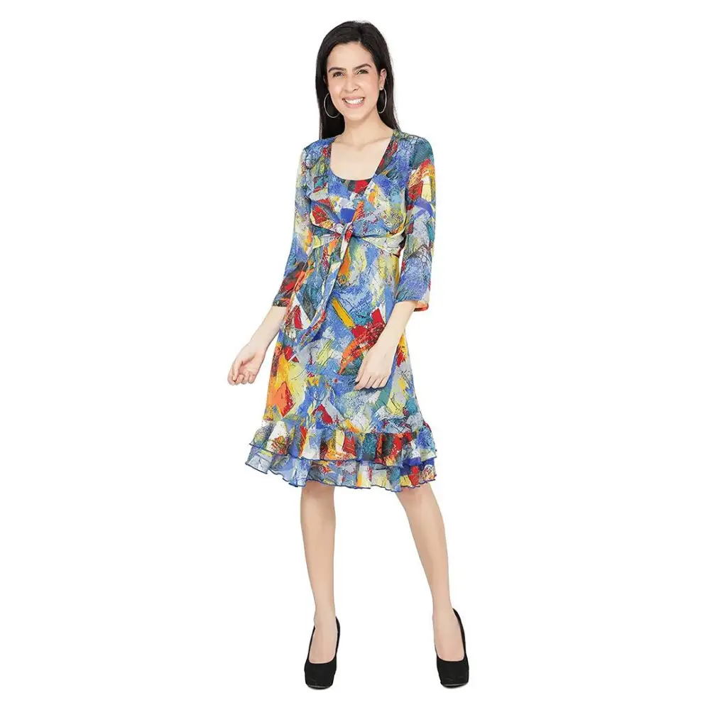 Reliable Poly Blend Printed Dress with Cover Up For Women Tunics Print Colorful