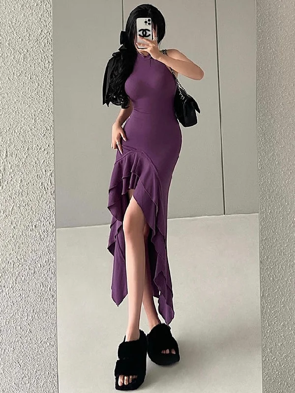 Trina Solid Color Sleeveless Turtleneck Slim Ruffle Design Front Side Slit Long Dress Tunics Handmade artisanal