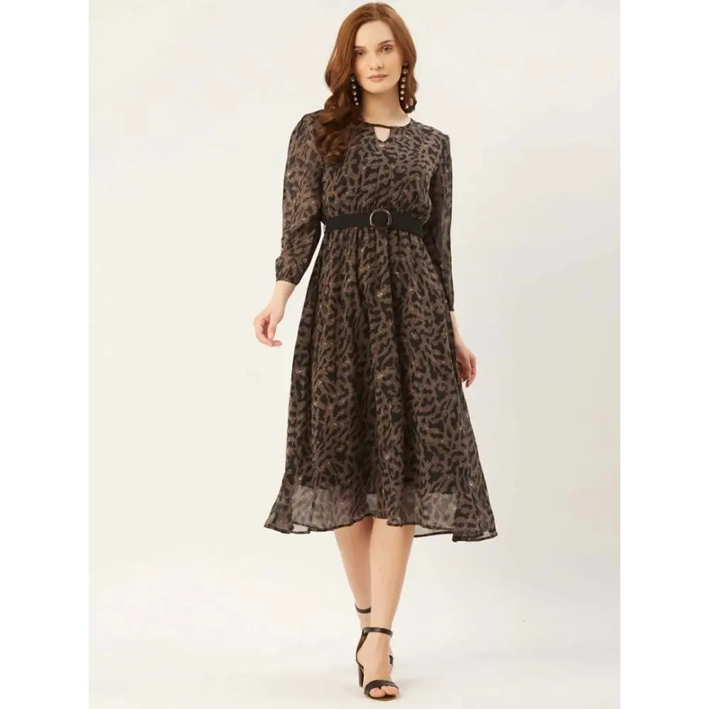 Stylish Georgette Brown Leopard Print 3/4 Sleeves Key Hole Neck Dress For Women Elegant Long Evening