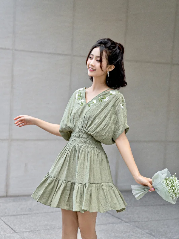 Solar Forest Green Drop Waist Dress - Gu Fashion | Vietnam Fashion Style Crew Neckline Casual