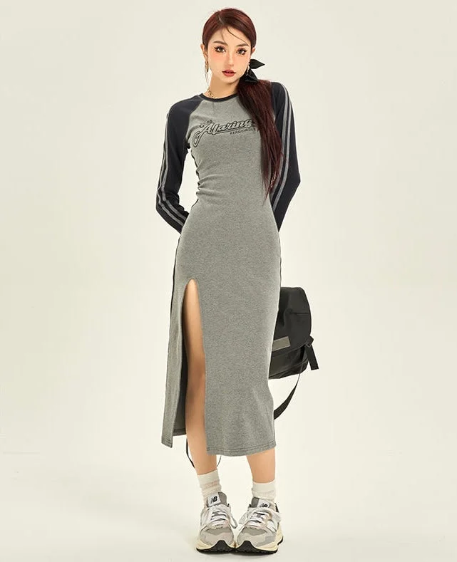 Alaring Patchwork Grey Long Side Slit Dress Tunics Gym athletic