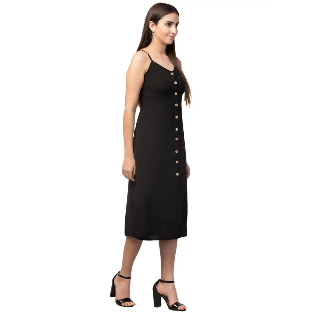 Fabulous Viscose Black Solid Sleeveless Buttoned Sheath Dress For Women Tunics Satin smooth