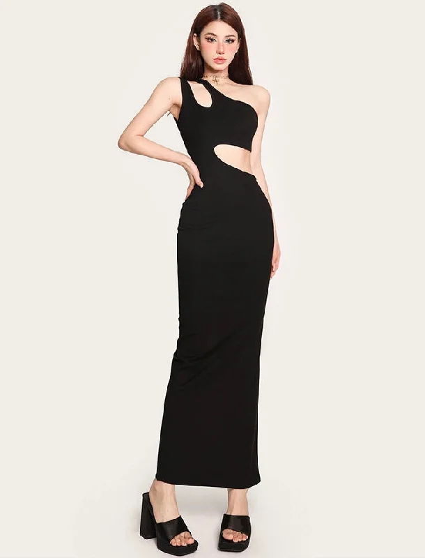 Salia Solid Color Black Cut Out Off Slim Waist Hollowed Out Long Dress Boat Neckline Classic