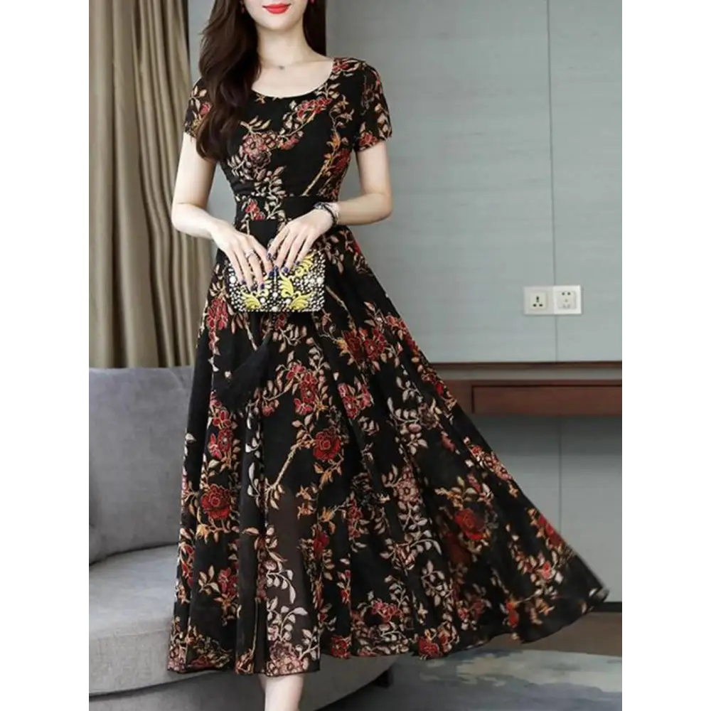 BLACK WITH RED Garlic FLOWER PRINT Dress Tunics Ceremony elegant