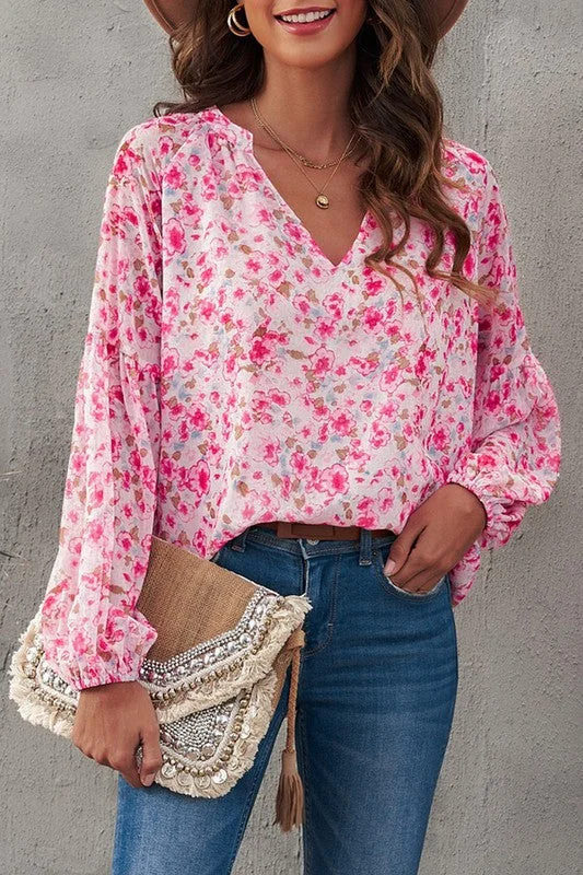 Floral Pullover Blouse - Pink Cap Sleeve Casual