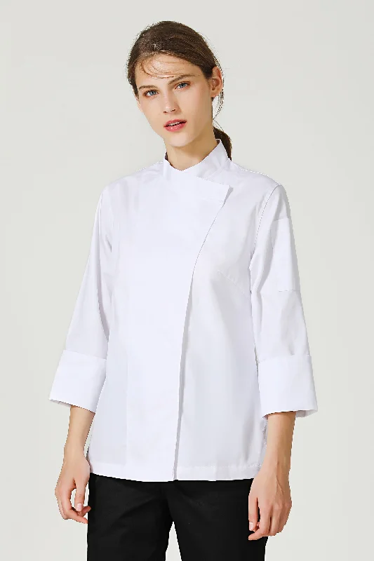 Rosemary Female White Chef Jacket, Long Sleeve Zip Front Button Front Snap Front