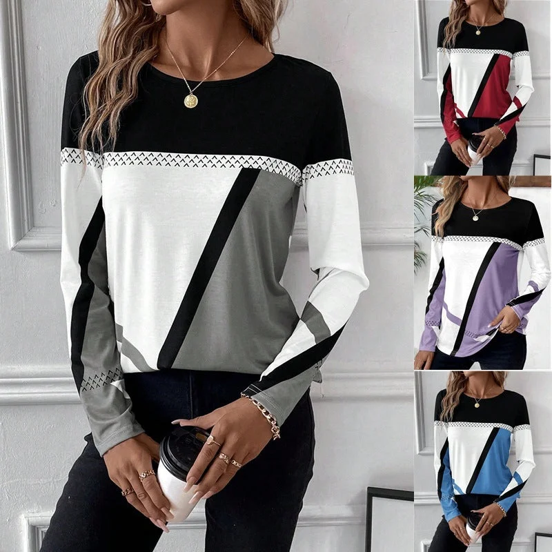 Pullover Round Contrast Color Stitching Geometric Print Top 20024 Batwing Sleeve Top