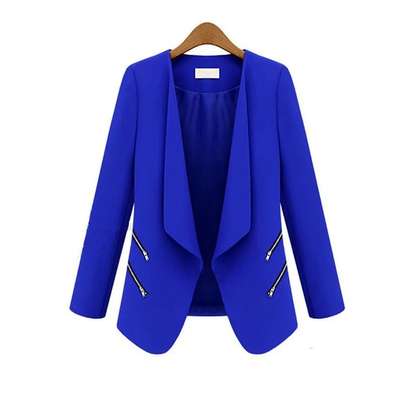 Fashion Women's Slim Leisure Suit Jacket Zipper Long Sleeve Solid Thin Coat for Spring Autumn Welt Pockets Slit Pockets Flap Pockets