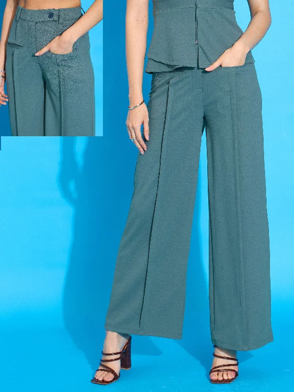 Women Green Front Pleated Straight Fit Trousers Trousers Timeless Classic